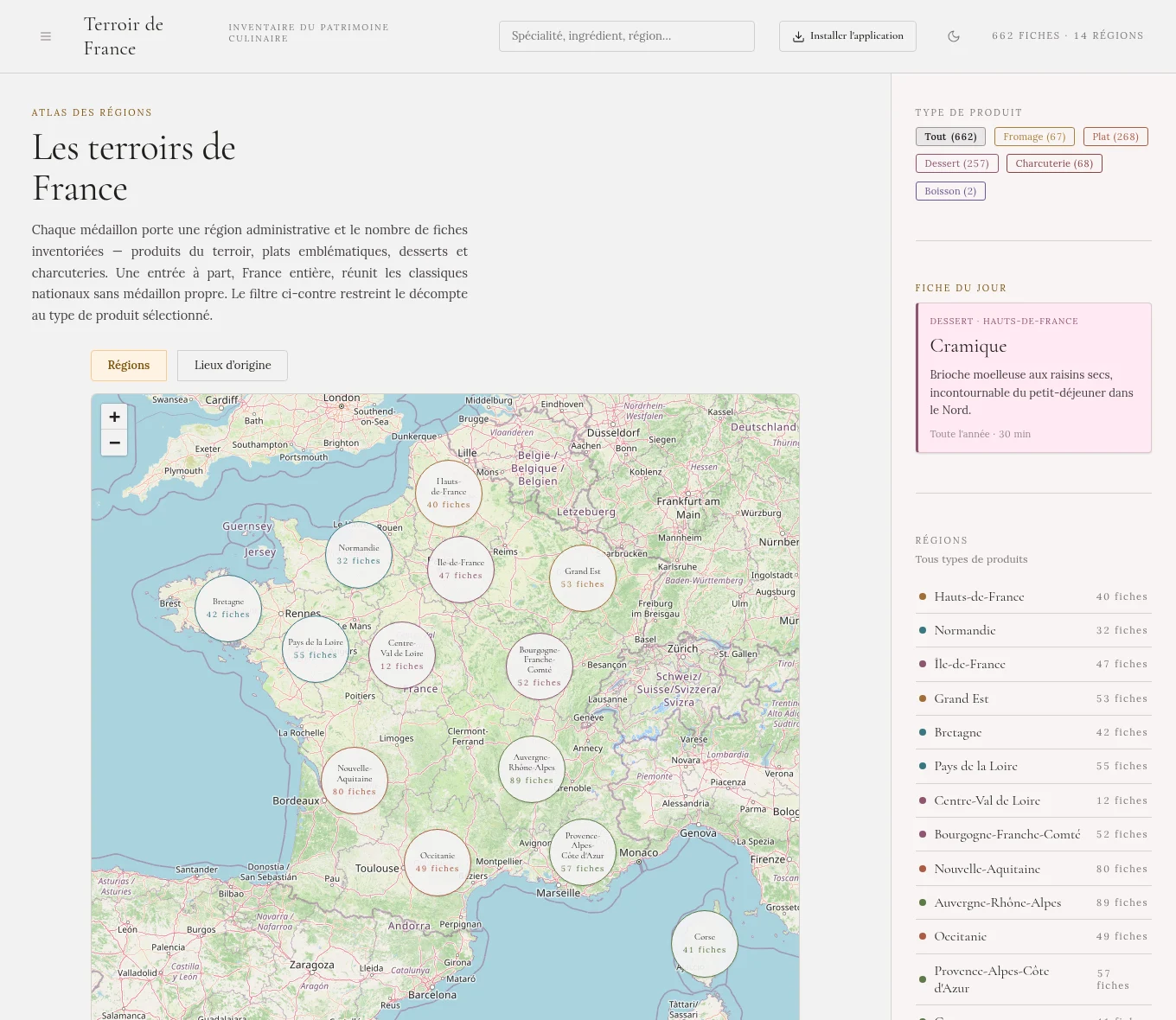 Capture de l'application sur ordinateur : la carte de France avec un médaillon par région, la recherche et les filtres par type de produit