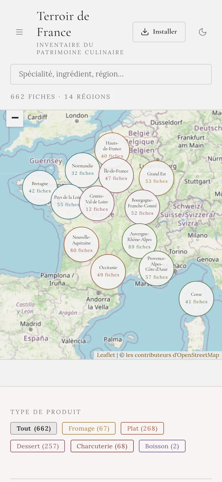 Capture de l'application sur téléphone : la carte de France avec un médaillon par région et le nombre de fiches de chacune