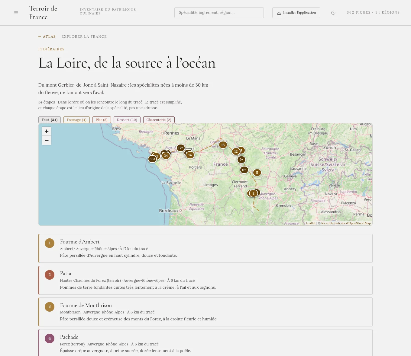 Capture d'un parcours « Explorer la France » : des étapes numérotées sur la carte